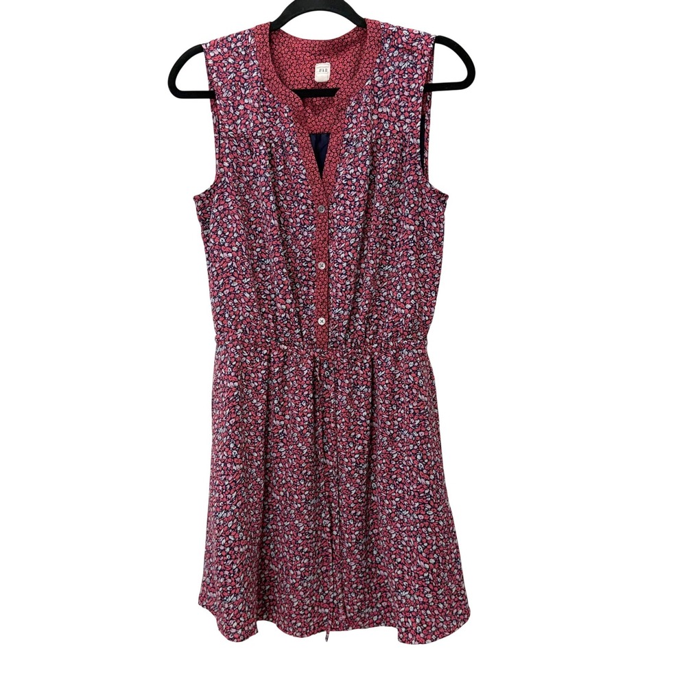 Gap Petite Sleeveless Floral Mini Dress Pink Red Navy SP Split Neck Cottagecore